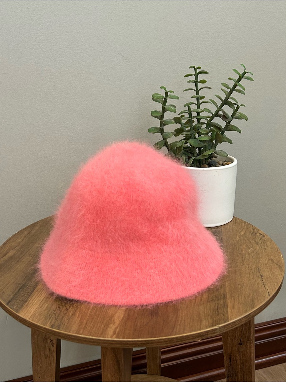 Coral Pink Angora Rabbit Hair Fuzzy Bucket Hat
